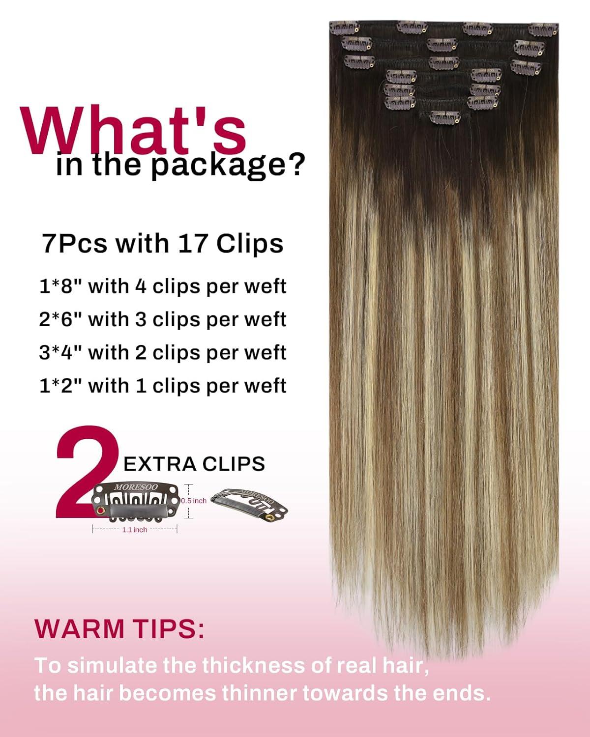 imageMoresoo Clip in Extensions Real Human Hair 120g7pcs with Micro Link Hair Extensions 50g50s 16 Inch Ombre Dark Brown to Light Brown with Bleach Blonde Bundle