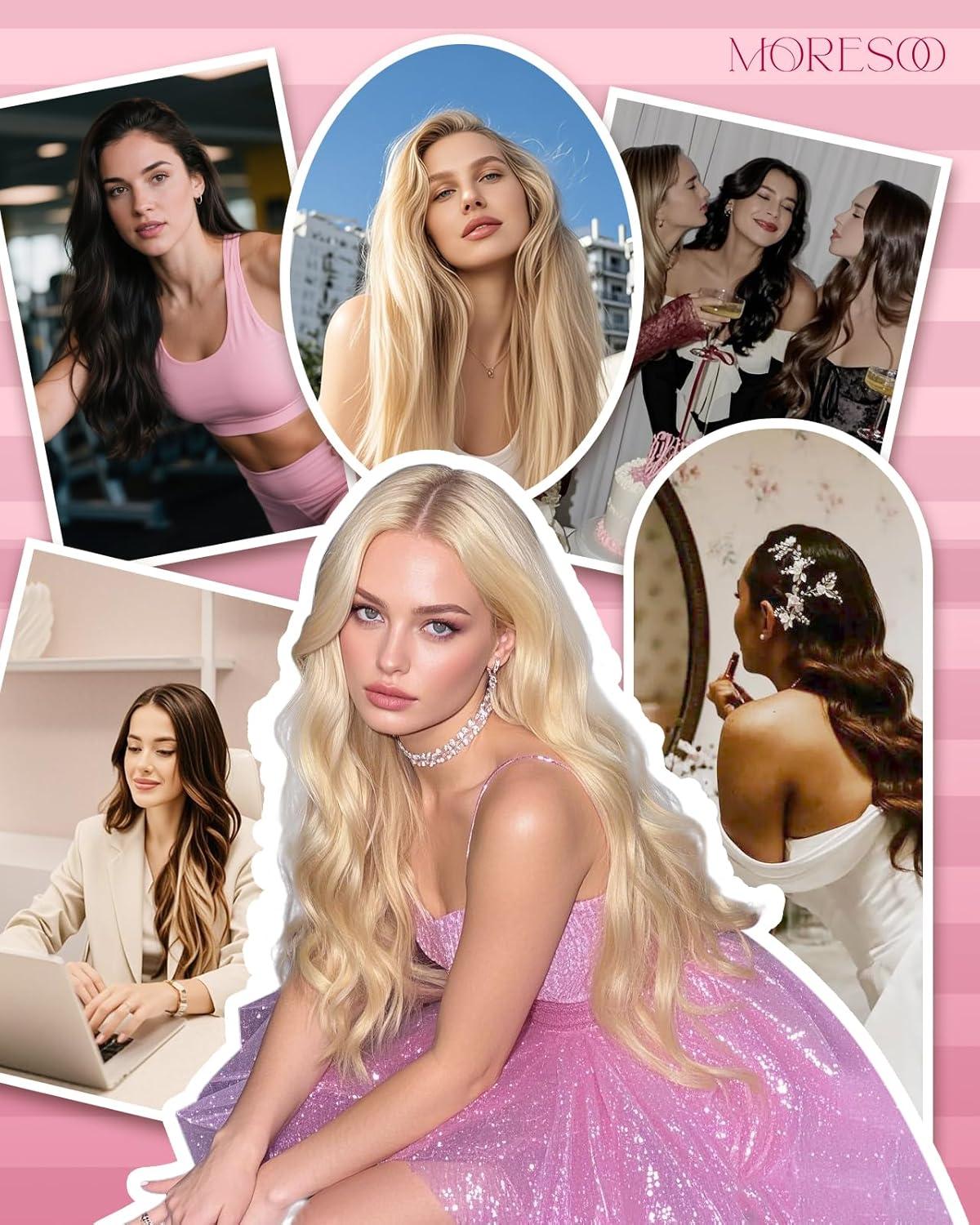 imageMoresoo Clip in Extensions Real Human Hair 120g7pcs with Micro Link Hair Extensions 50g50s 16 Inch Ombre Dark Brown to Light Brown with Bleach Blonde Bundle
