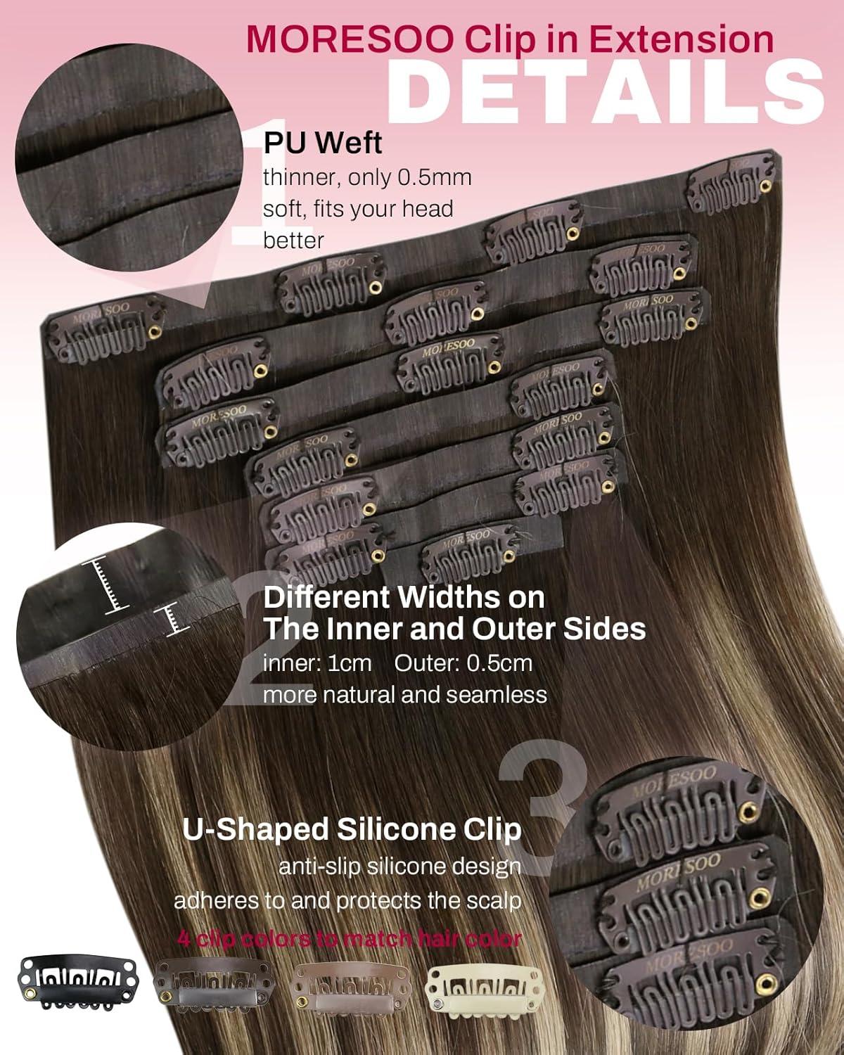 imageMoresoo Clip in Extensions Real Human Hair 80g5pcs 14inch with Seamless Clip in Hair Extensions 120g7pcs 16inch Balayage Dark Brown to Caramel Blonde Bundle