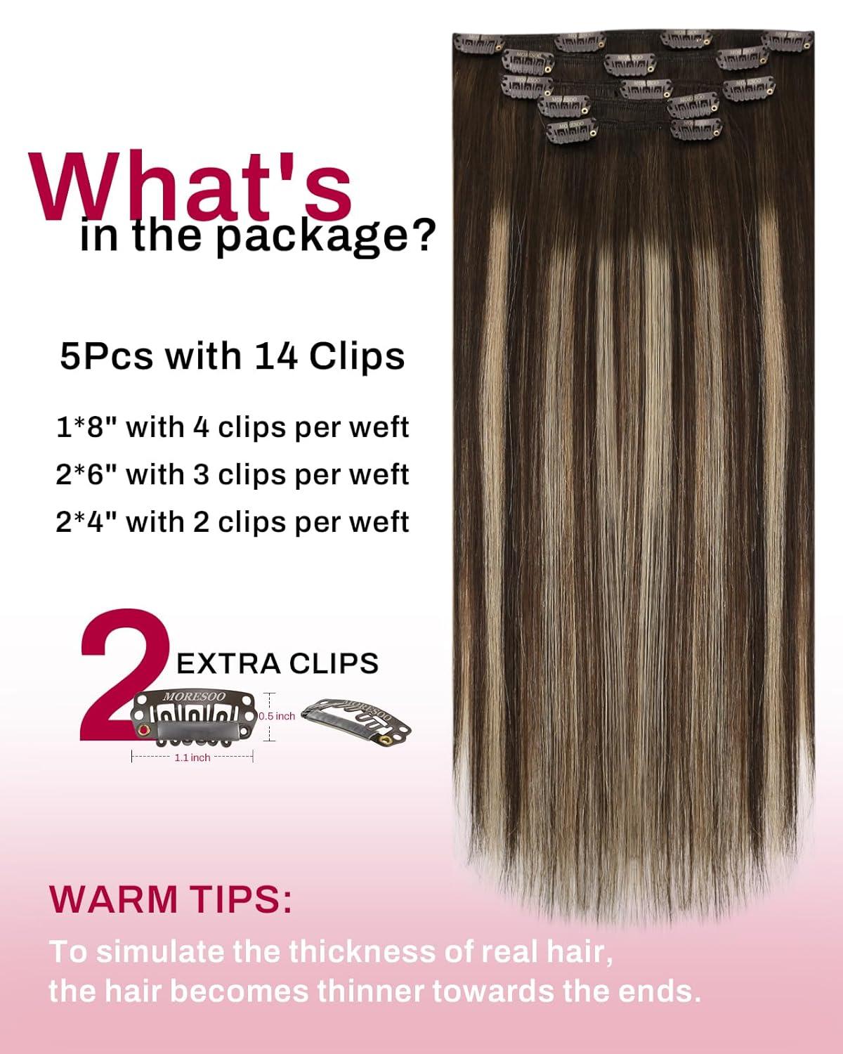 imageMoresoo Clip in Extensions Real Human Hair 80g5pcs 14inch with Seamless Clip in Hair Extensions 120g7pcs 16inch Balayage Dark Brown to Caramel Blonde Bundle