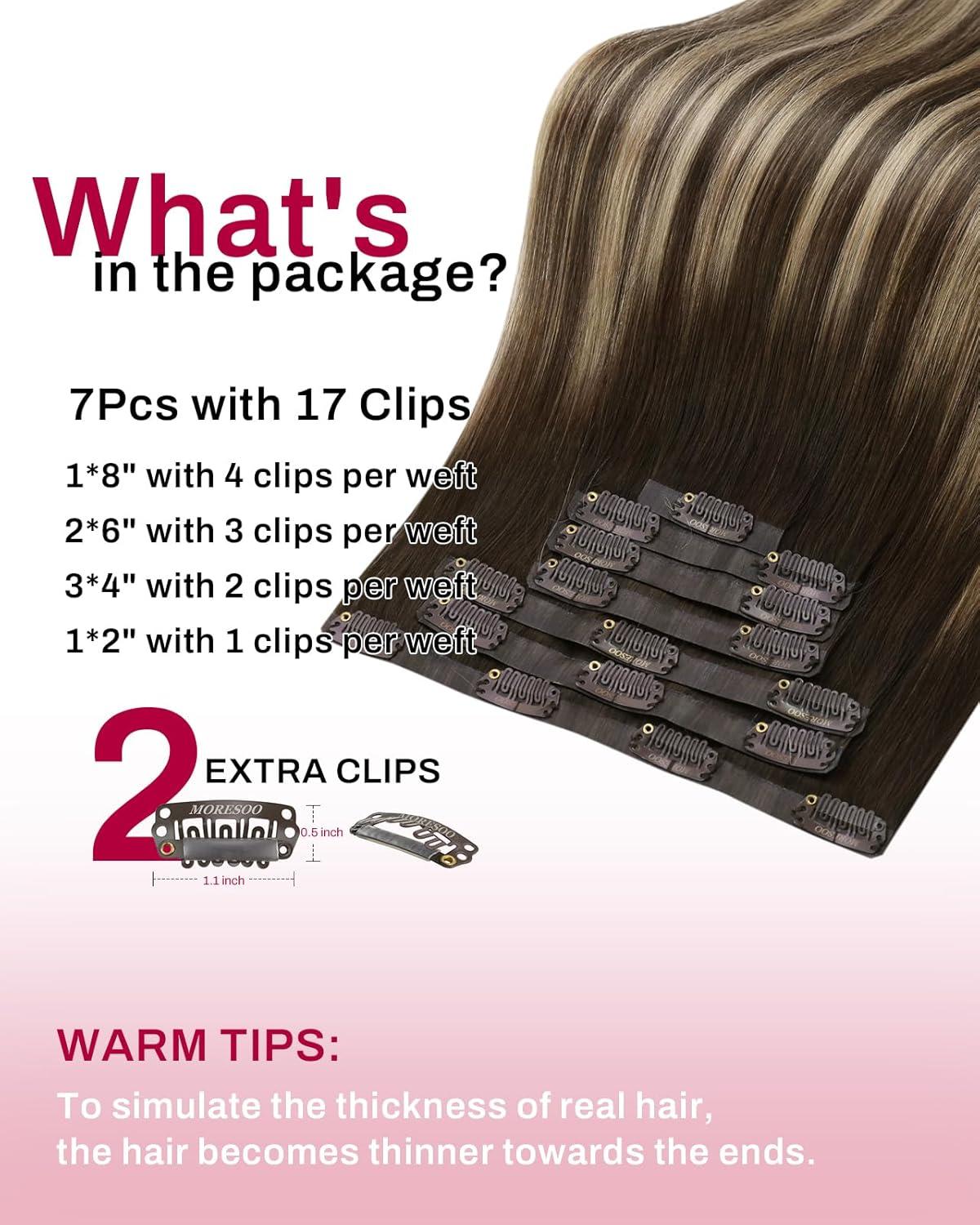 imageMoresoo Clip in Extensions Real Human Hair 80g5pcs 14inch with Seamless Clip in Hair Extensions 120g7pcs 16inch Balayage Dark Brown to Caramel Blonde Bundle