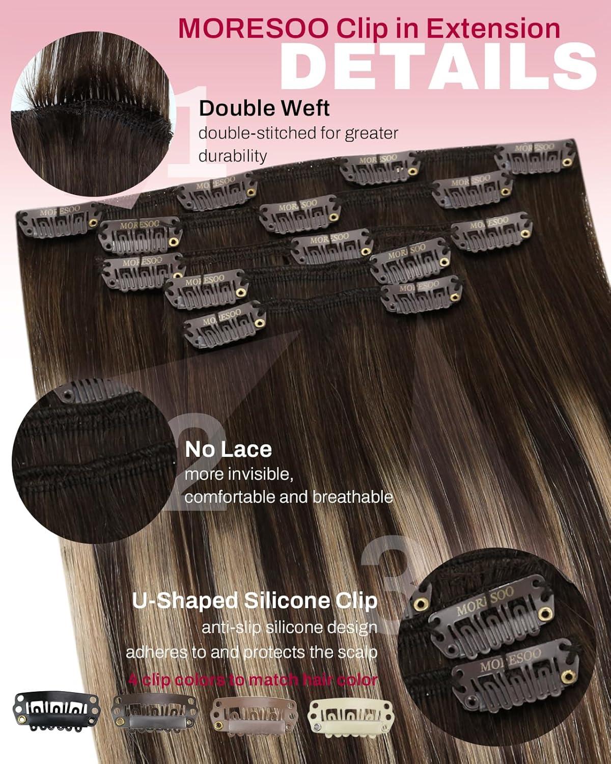 imageMoresoo Clip in Extensions Real Human Hair 80g5pcs 14inch with Seamless Clip in Hair Extensions 120g7pcs 16inch Balayage Dark Brown to Caramel Blonde Bundle