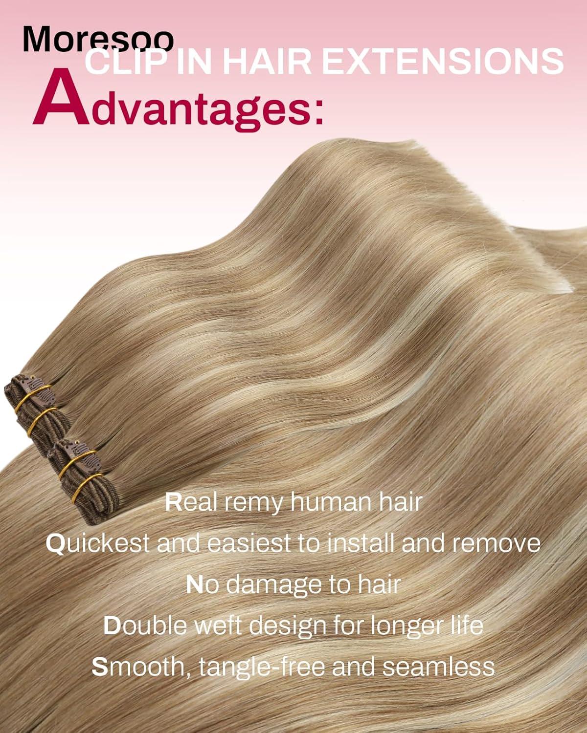 imageMoresoo Clip in Extensions Real Human Hair 80g5pcs 20 Inch with Seamless Clip in Hair Extensions 120g7pcs 18 Inch 8228 Balayage Light Brown to Light Golden Blonde Bundle