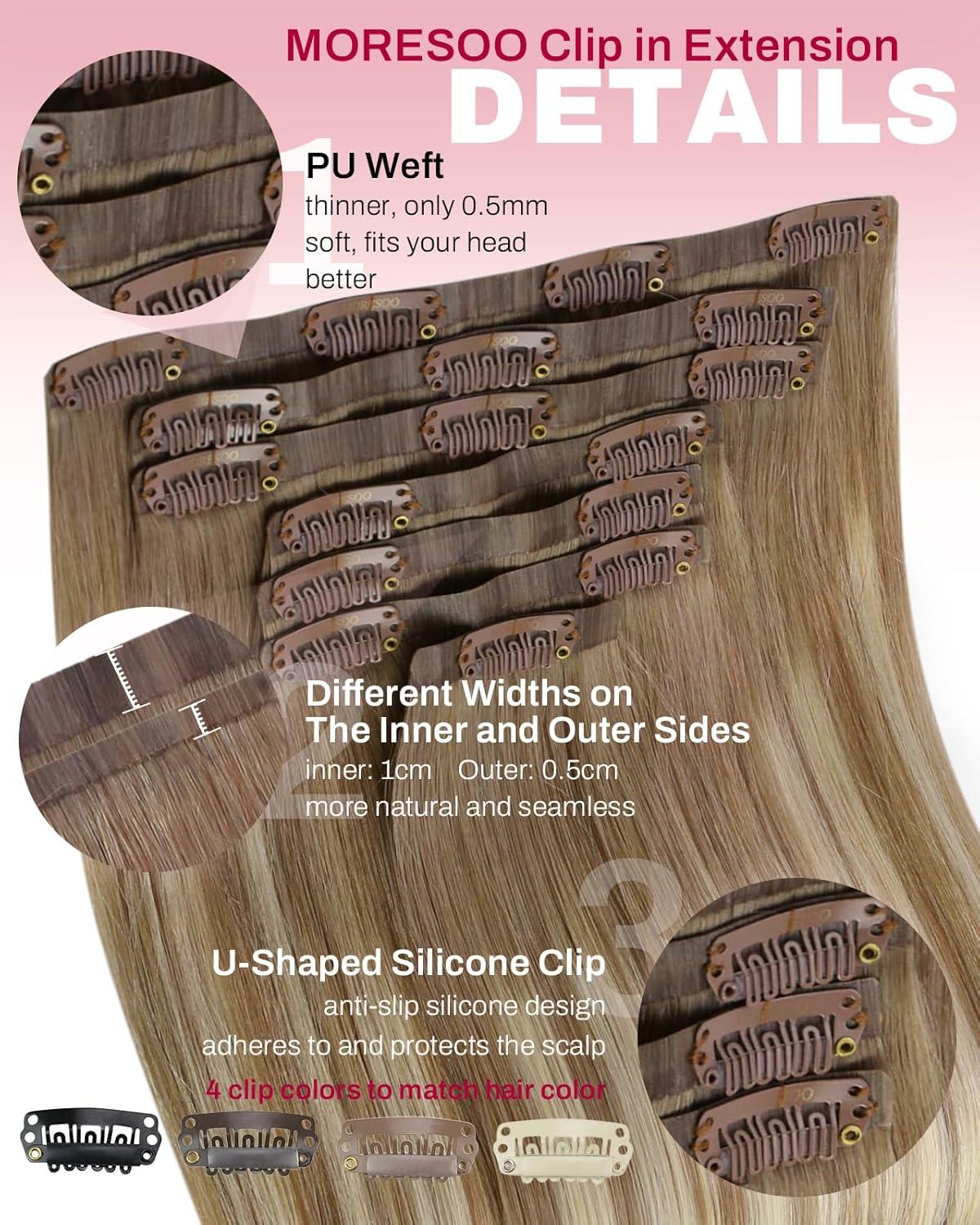 imageMoresoo Clip in Extensions Real Human Hair 80g5pcs 20 Inch with Seamless Clip in Hair Extensions 120g7pcs 18 Inch 8228 Balayage Light Brown to Light Golden Blonde Bundle