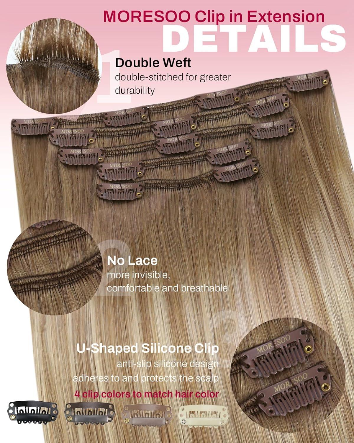 imageMoresoo Clip in Extensions Real Human Hair 80g5pcs 20 Inch with Seamless Clip in Hair Extensions 120g7pcs 18 Inch 8228 Balayage Light Brown to Light Golden Blonde Bundle