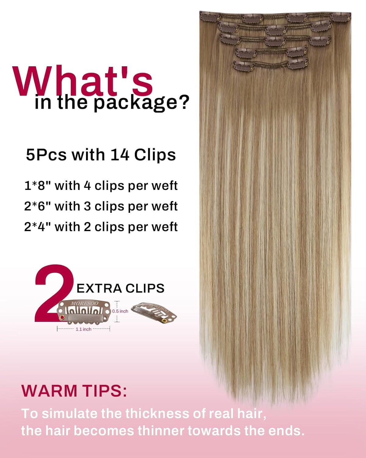 imageMoresoo Clip in Extensions Real Human Hair 80g5pcs 20 Inch with Seamless Clip in Hair Extensions 120g7pcs 18 Inch 8228 Balayage Light Brown to Light Golden Blonde Bundle