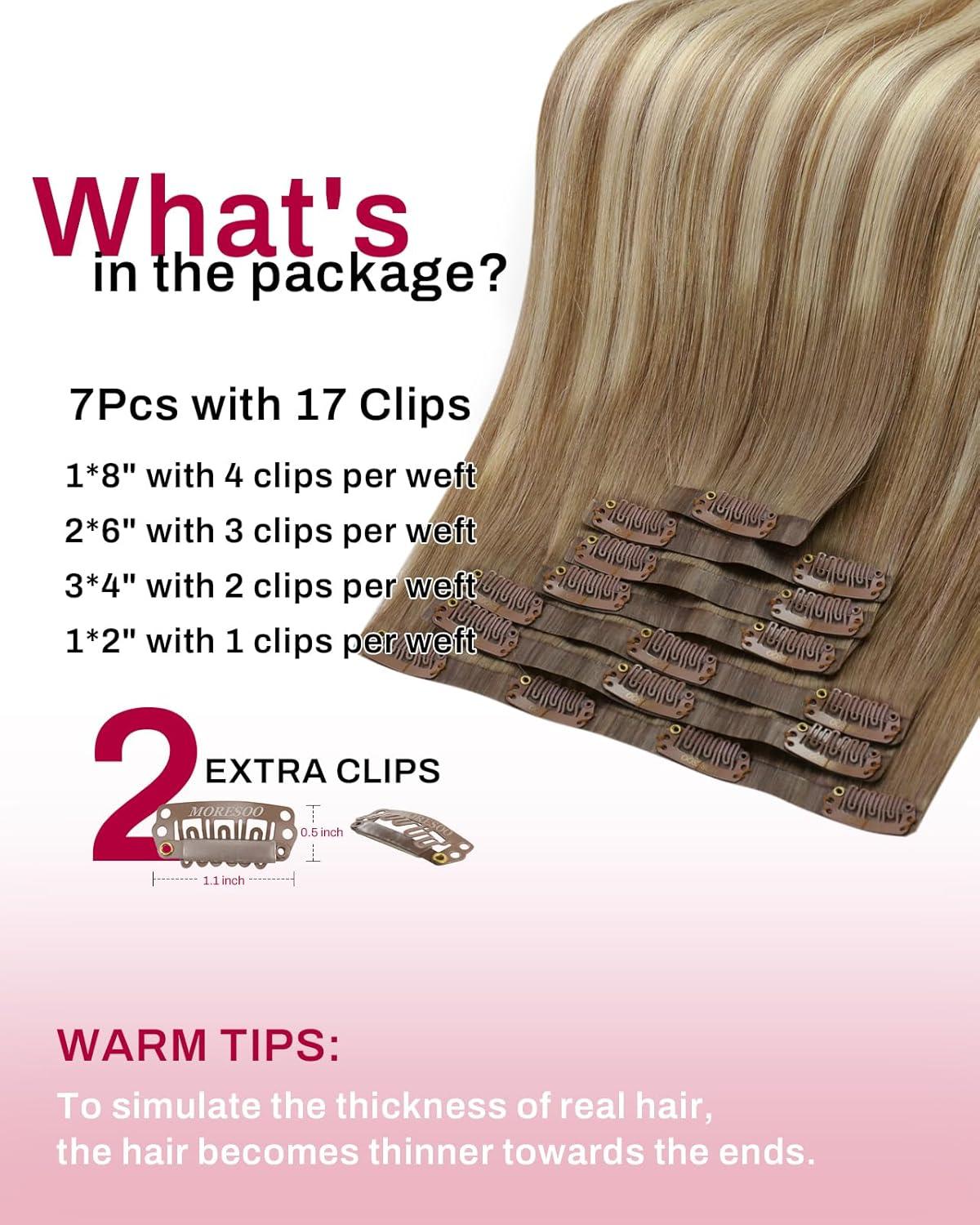 imageMoresoo Clip in Extensions Real Human Hair 80g5pcs 20 Inch with Seamless Clip in Hair Extensions 120g7pcs 18 Inch 8228 Balayage Light Brown to Light Golden Blonde Bundle