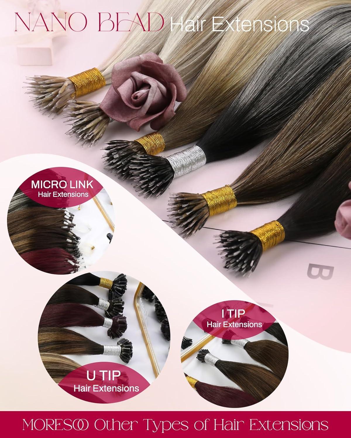 imageMoresoo Nano Link Hair Extensions Real Human Hair Ginger Brown to Golden Brown with Golden Ginger Balayage Nano Bead Hair Extensions Remy Human Hair for Wedding Silky Soft 50 Strands 50G 18 Inch