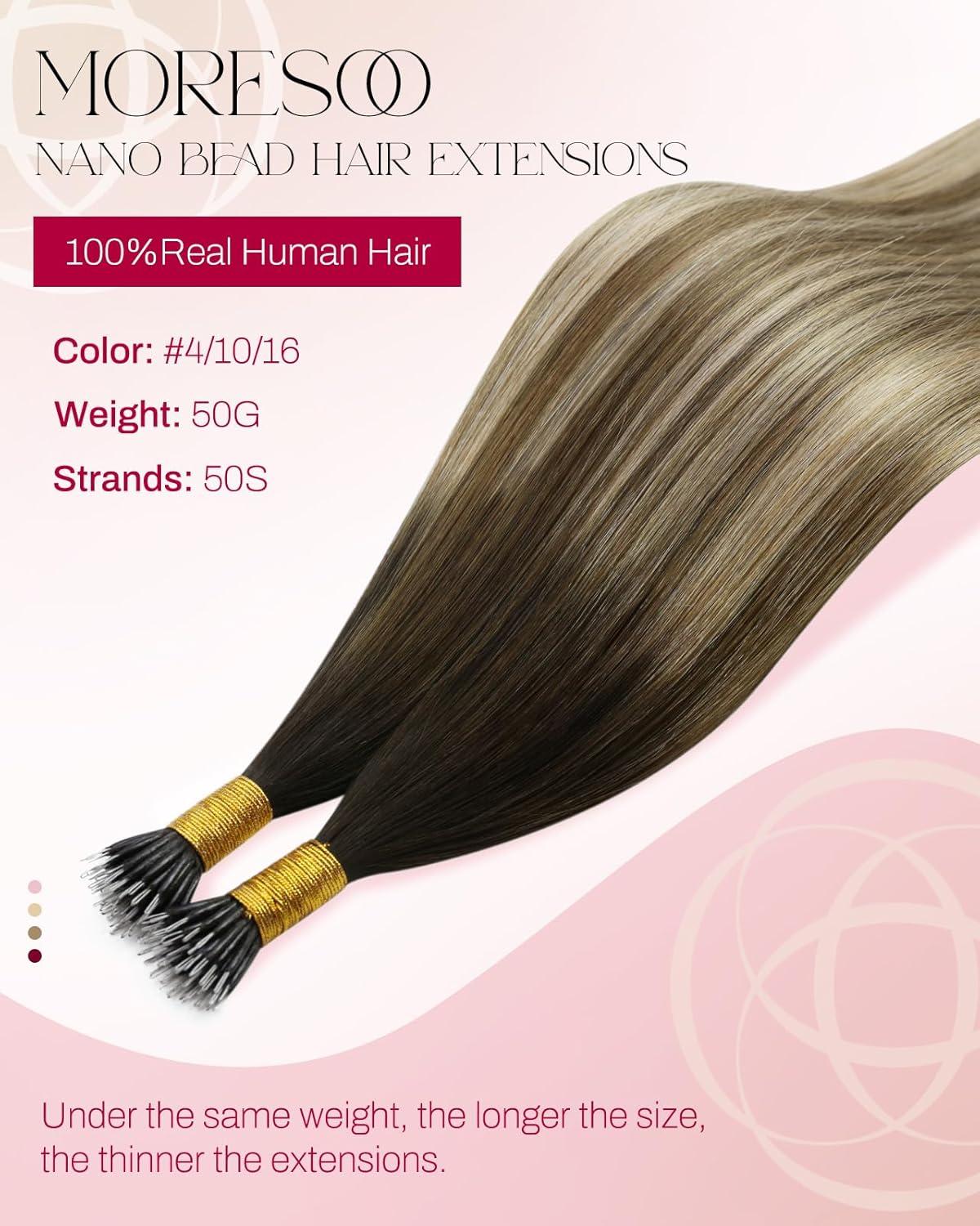 imageMoresoo Nano Link Hair Extensions Real Human Hair Ginger Brown to Golden Brown with Golden Ginger Balayage Nano Bead Hair Extensions Remy Human Hair for Wedding Silky Soft 50 Strands 50G 18 Inch