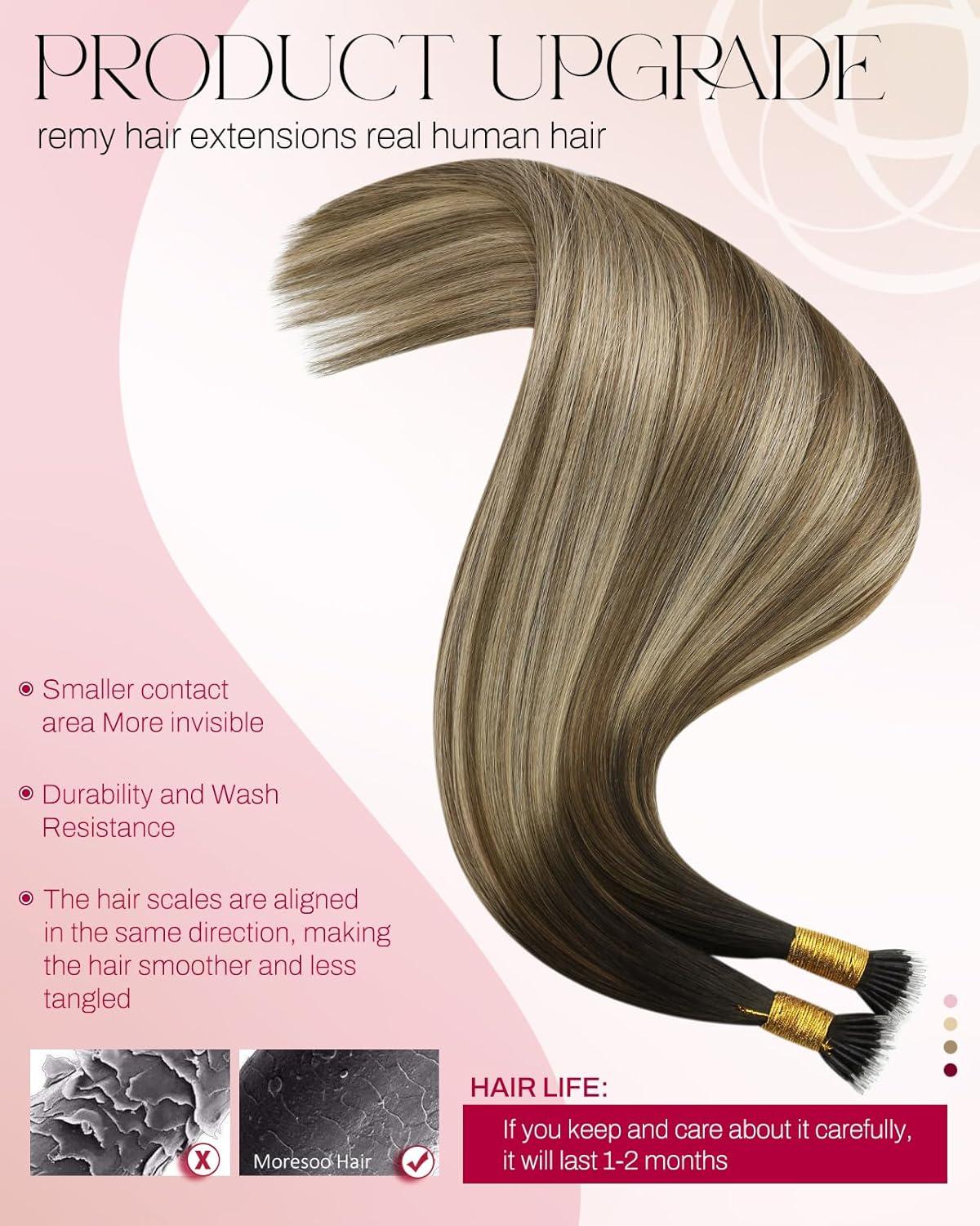imageMoresoo Nano Link Hair Extensions Real Human Hair Ginger Brown to Golden Brown with Golden Ginger Balayage Nano Bead Hair Extensions Remy Human Hair for Wedding Silky Soft 50 Strands 50G 18 Inch