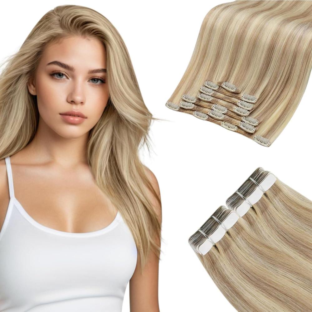 imageMoresoo Clip in Extensions Real Human Hair 120g7pcs with Tape in Hair Extensions Human Hair 50g20pcs P1622 Highlights Warm Beige Blonde with Light Gold Blonde 18 Inch Bundle