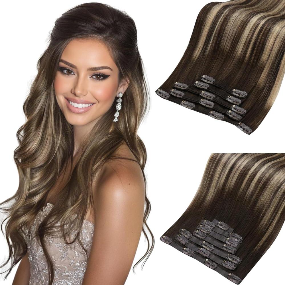 imageMoresoo Clip in Extensions Real Human Hair 80g5pcs 14inch with Seamless Clip in Hair Extensions 120g7pcs 16inch Balayage Dark Brown to Caramel Blonde Bundle