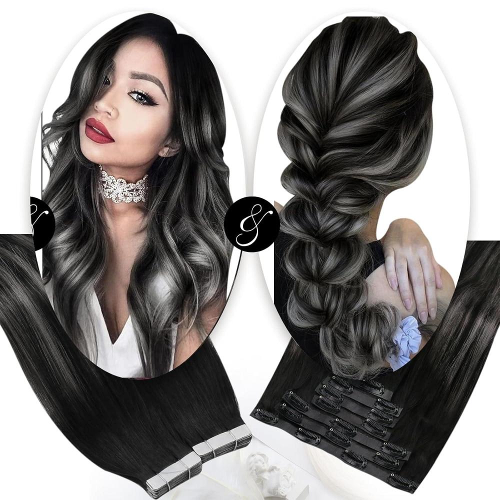 imageMoresoo Seamless Clip in Hair Extensions Human Hair Balayage Black to Silver Tape in Hair Extensions Human Hair Ombre Black to Silver Grey 7pcs120g 20pcs50g 18inch Bundle