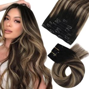 Moresoo Bundle Tape+Clip in Hair Extensions 18 Inch Balayage Real Hair Extensions Color #1B/3/27 Black Ombre to Brown with Blonde (50g 20pcs+120g 7pcs) Remy Straight Hair