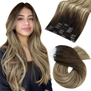 Moresoo Clip in Extensions Real Human Hair 120g/7pcs with Micro Link Hair Extensions 50g/50s 16 Inch Ombre Dark Brown to Light Brown with Bleach Blonde Bundle