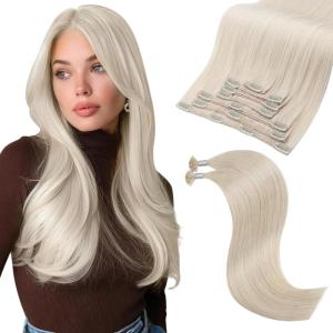 Moresoo Clip in Extensions Real Human Hair 120g/7pcs with U Tip Hair Extensions 50g/50s 20 inch #60A Bleach Blonde Bundle