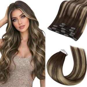 Moresoo Clip in Extensions Real Human Hair 80g/5pcs 14 Inch with Tape in Hair Extensions Human Hair 50g/20pcs 16 Inch Balayage Dark Brown to Caramel Blonde Bundle