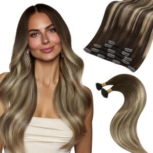 Moresoo Clip in Extensions Real Human Hair 80g/5pcs 14 inch Balayage Dark Brown to Caramel Blonde with U Tip Hair Extensions 50g/50s 16 inch Ombre Medium Blonde to Chestnut Brown with Bleach Blonde Bu