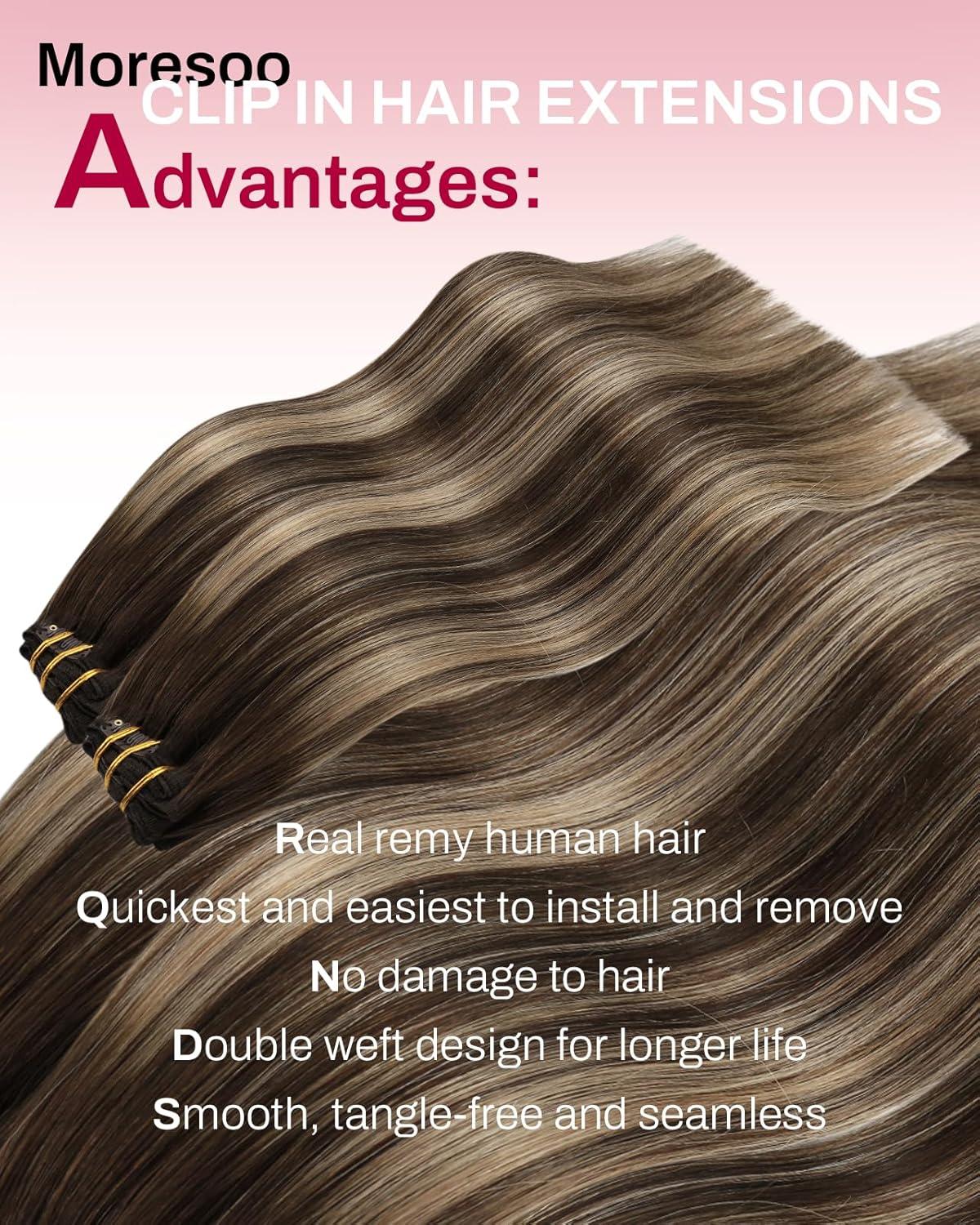 imageMoresoo Clip in Extensions Real Human Hair 80g5pcs with Seamless Clip in Hair Extensions 120g7pcs 14inch Balayage Dark Brown to Caramel Blonde Bundle