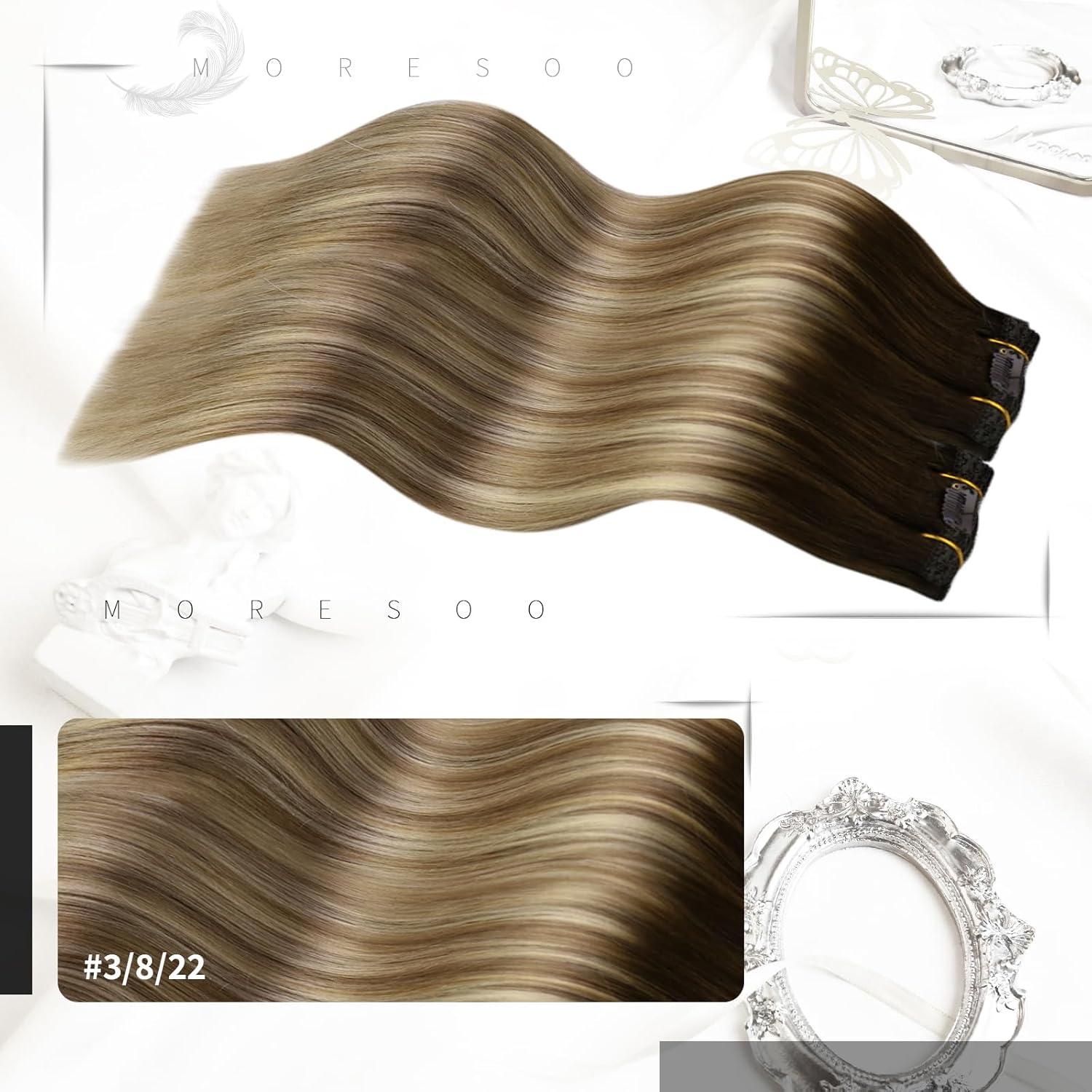 imageMoresoo Clip in Hair Extensions 7 Pieces 120G and Sew in Hair Extensions Real Human Hair 100G Bundle 22Inch Ombre Brown to Light Brown with Golden Blonde