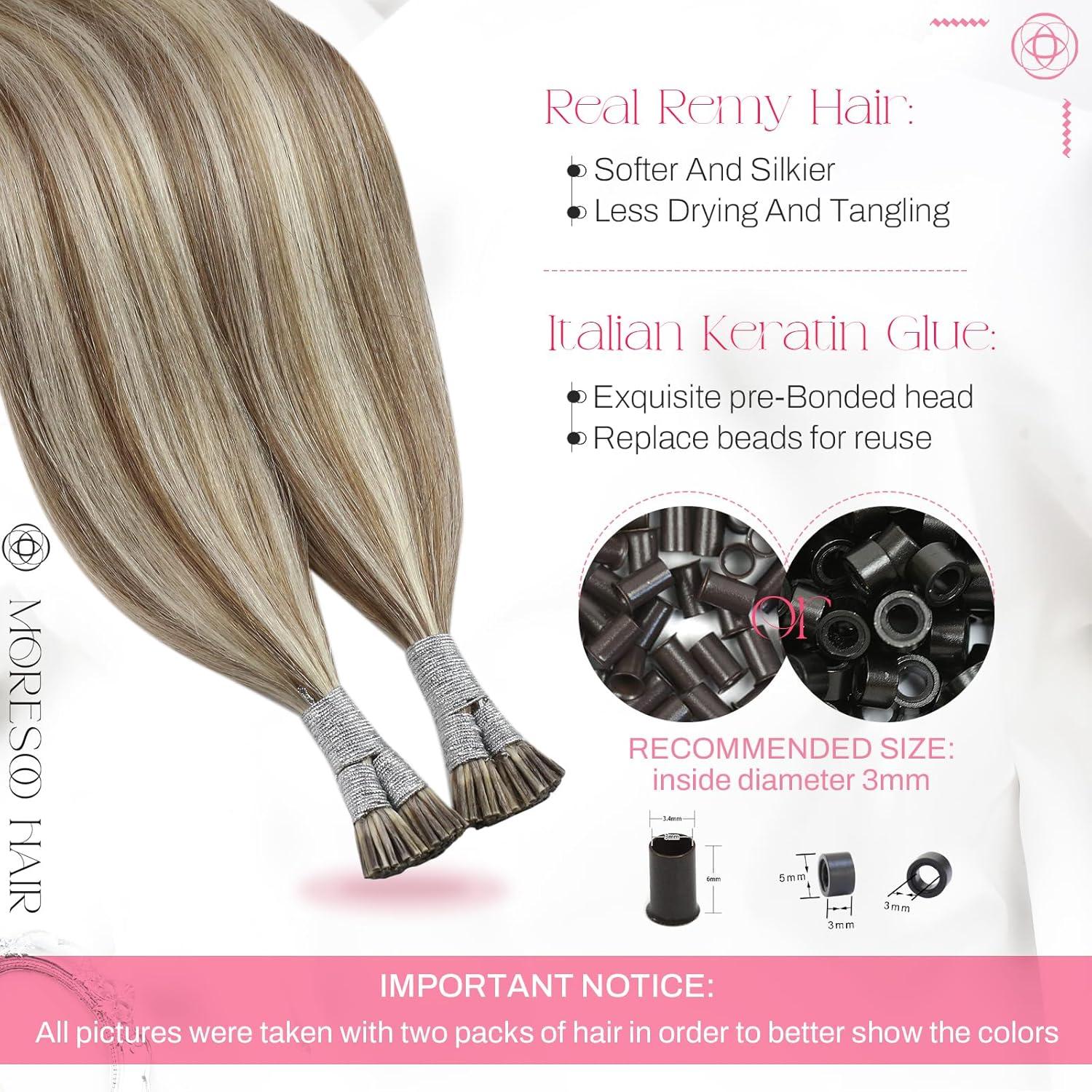 imageMoresoo I Tip Hair Extensions Human Hair 50g 20 inch with Clip in Hair Extensions Human Hair 80g5pcs 14 inch P9A60 Highlights Medium Golden Brown with Platinum Blonde Bundle