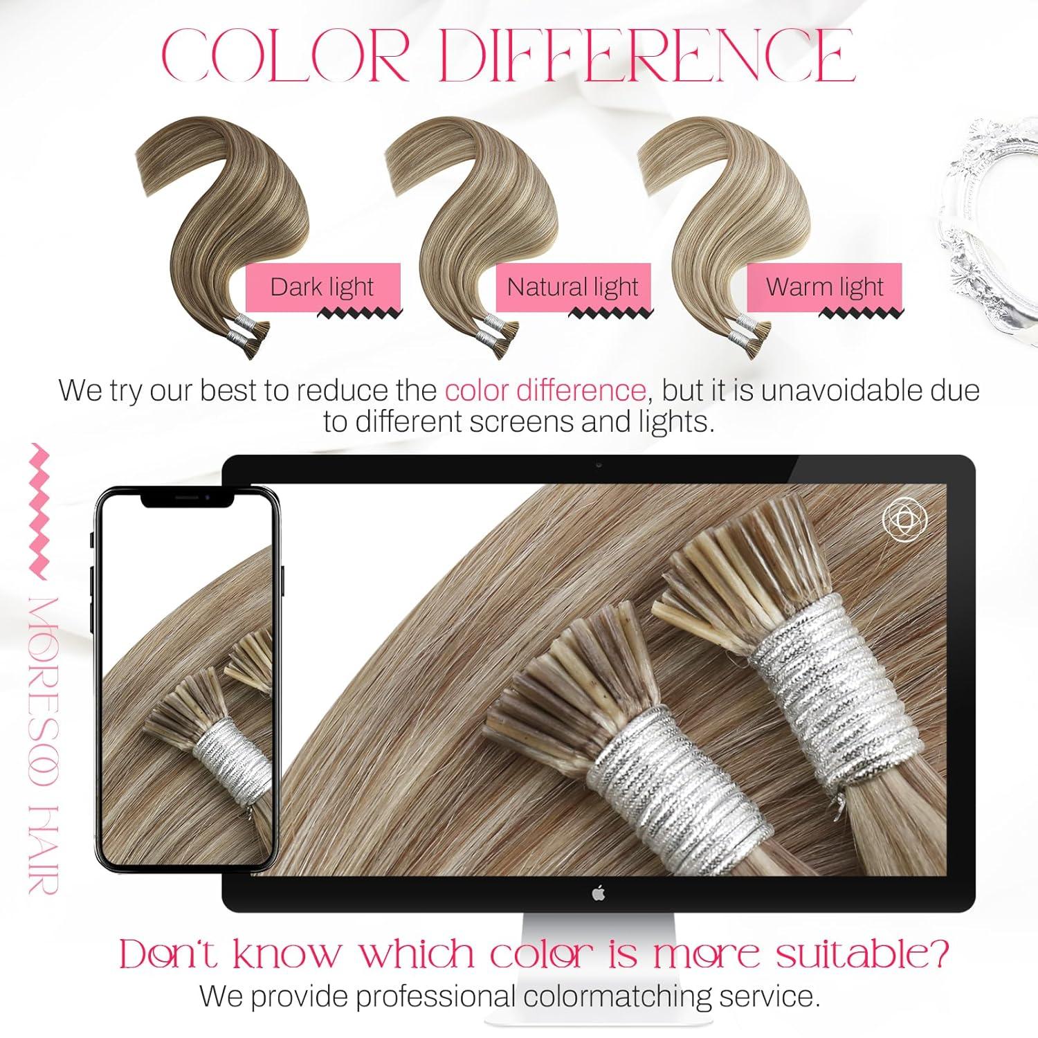 imageMoresoo I Tip Hair Extensions Human Hair 50g 20 inch with Clip in Hair Extensions Human Hair 80g5pcs 14 inch P9A60 Highlights Medium Golden Brown with Platinum Blonde Bundle