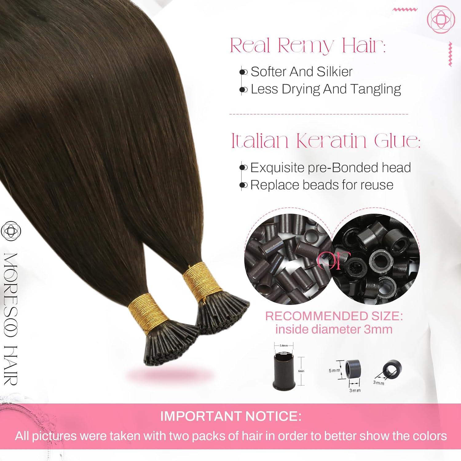 imageMoresoo I Tip Hair Extensions Human Hair Medium Brown I Tips Hair Extensions Real Human Hair Long Straight 08S 50 strands 22 inch