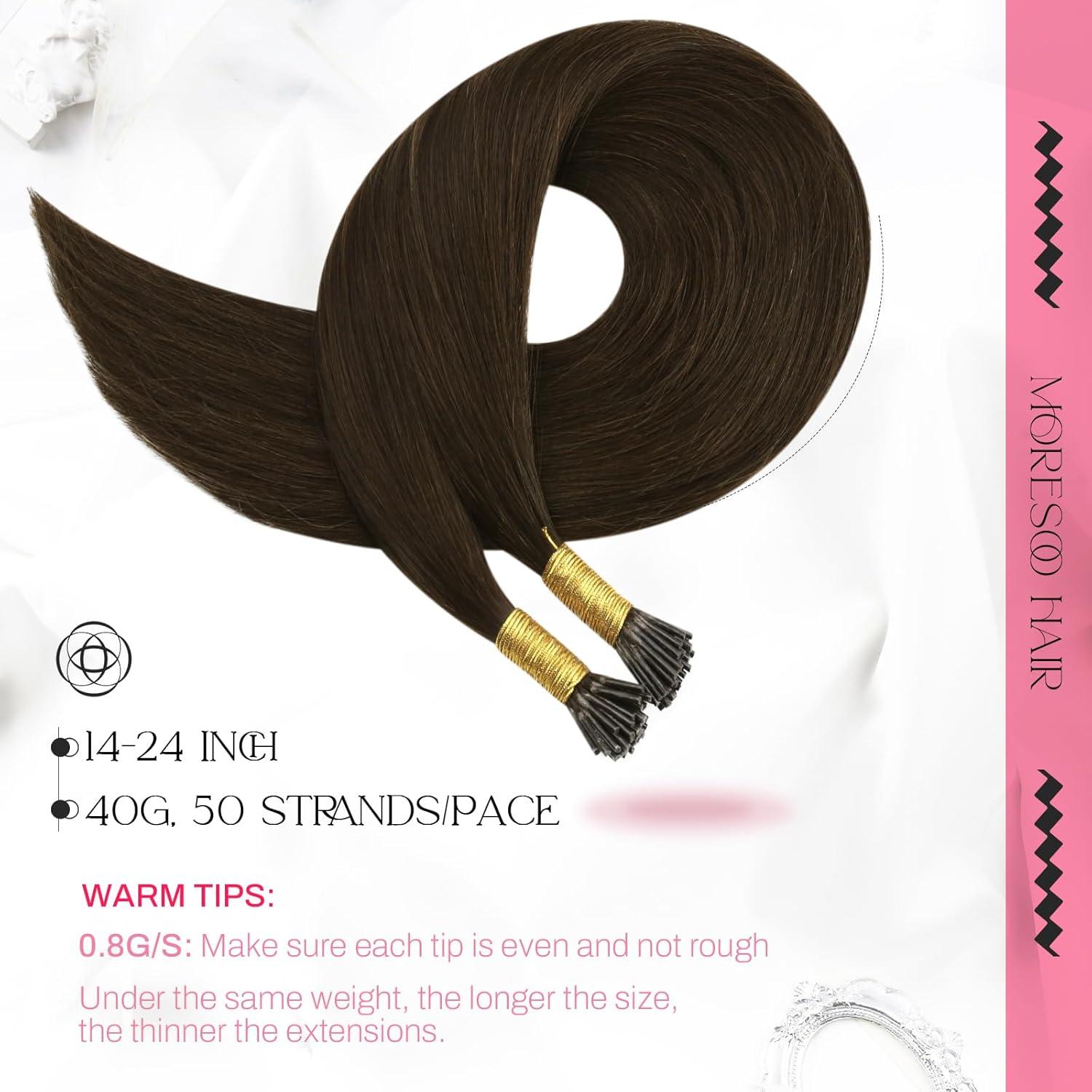 imageMoresoo I Tip Hair Extensions Human Hair Medium Brown I Tips Hair Extensions Real Human Hair Long Straight 08S 50 strands 22 inch