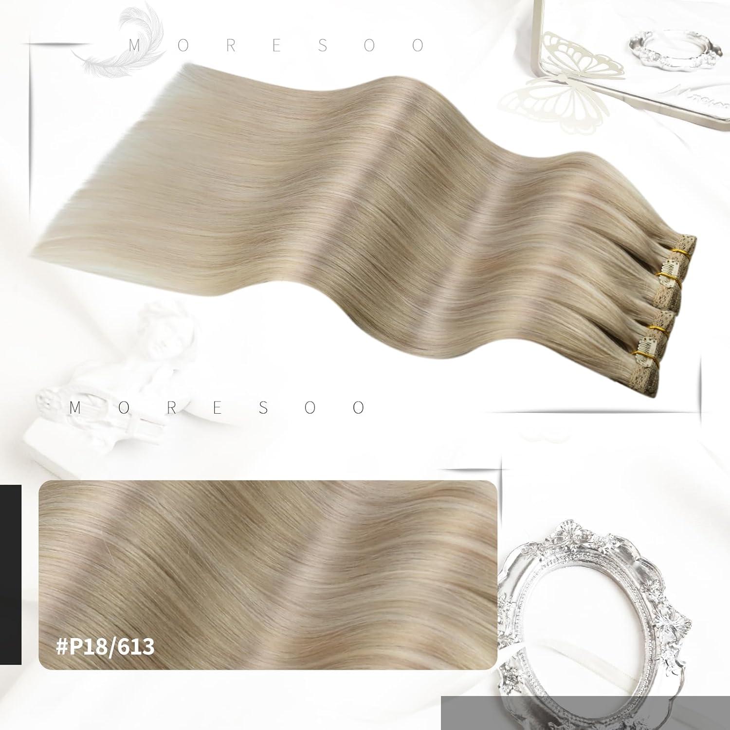 imageMoresoo Tape in Hair Extensions Human Hair Blonde and Clip in Hair Extensions Ash Blonde Highlight20pcs50g7pcs120g 16inch Bundle
