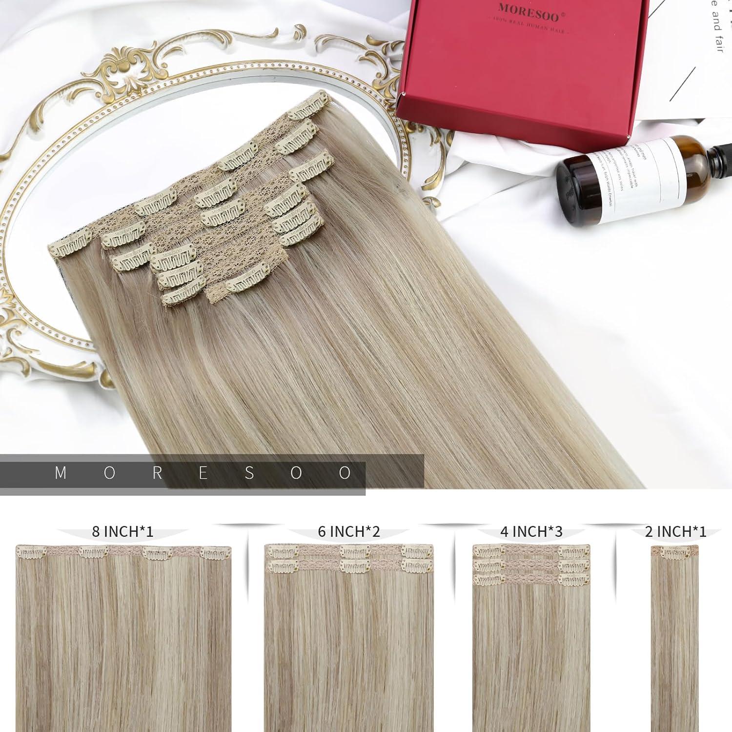 imageMoresoo Tape in Hair Extensions Human Hair Blonde and Clip in Hair Extensions Ash Blonde Highlight20pcs50g7pcs120g 16inch Bundle