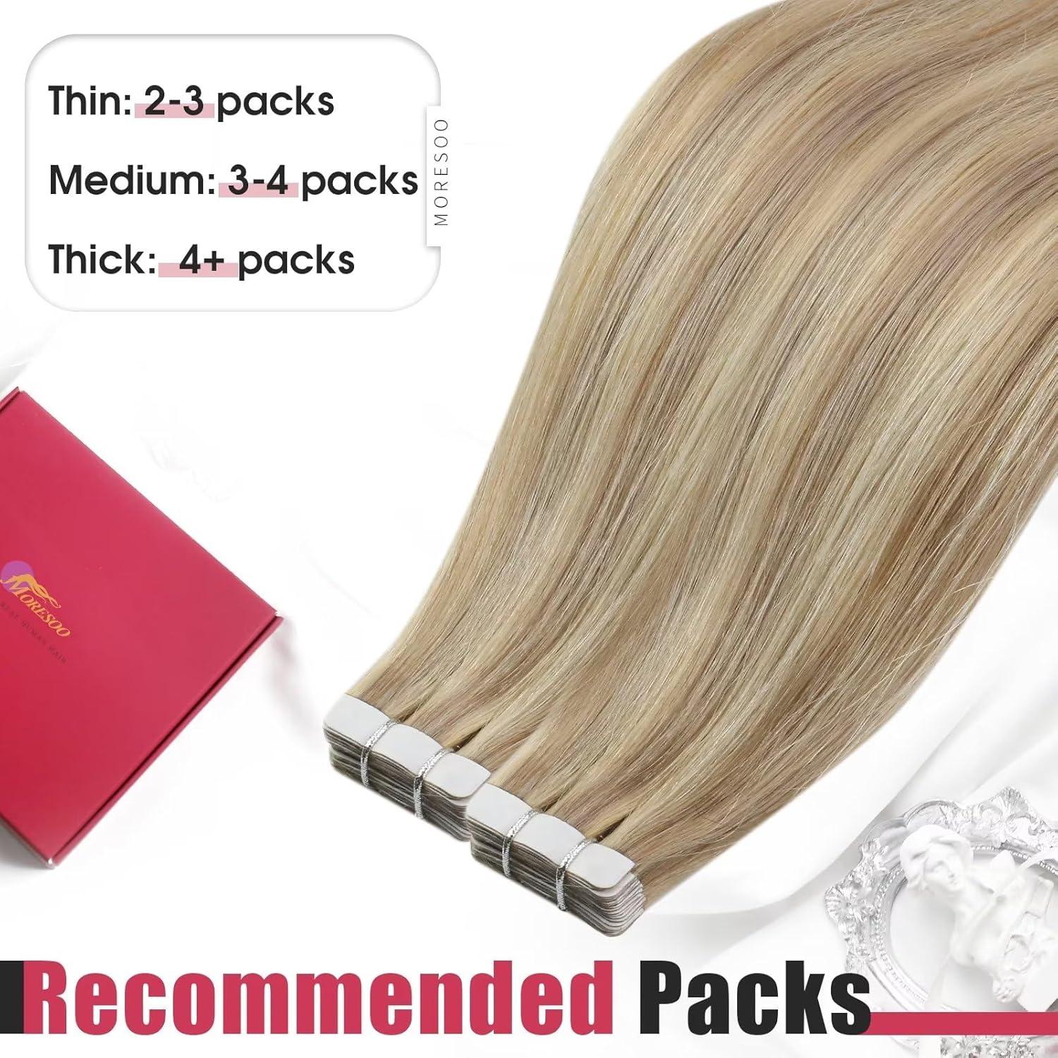 imageMoresoo Tape in Hair Extensions Human Hair Blonde and Clip in Hair Extensions Ash Blonde Highlight20pcs50g7pcs120g 16inch Bundle