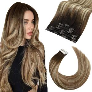 Moresoo Clip in Extensions Real Human Hair 120g/7pcs 16 Inch with Tape in Hair Extensions Human Hair 50g/20pcs 18 Inch Ombre Dark Brown to Light Brown with Bleach Blonde Bundle