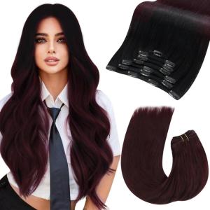 Moresoo Clip in Extensions Real Human Hair 120g/7pcs #1B/99J Balayage Natural Black to Dark Red with Weft Hair Extensions 100g/pack #99J Cherry Red 18 Inch Bundle