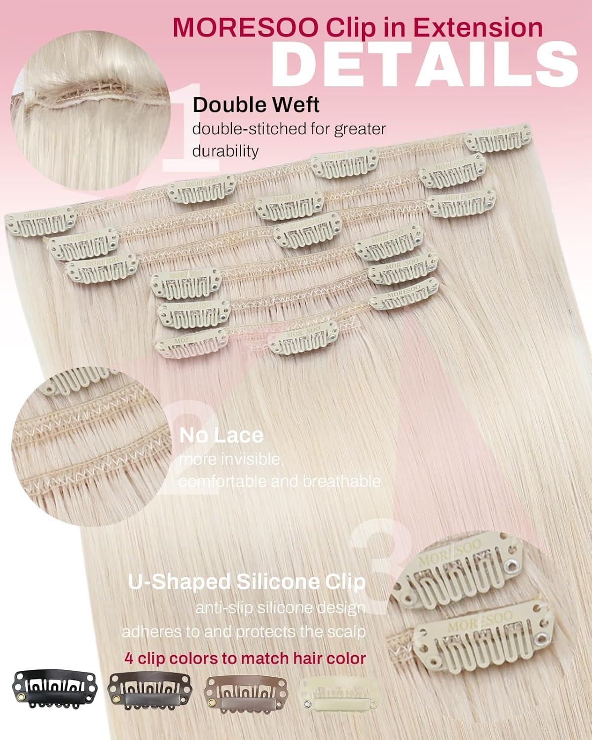 imageMoresoo Clip in Extensions Real Human Hair 120g7pcs with Tape in Hair Extensions Human Hair 100g40pcs 20 Inch 60A Bleach Blonde Bundle