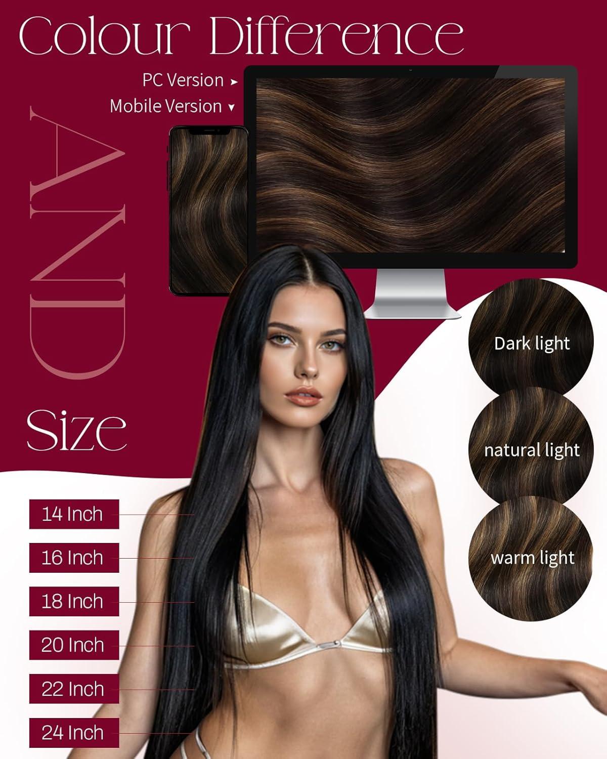 imageMoresoo Human Hair Tape in Extensions Balayage Darkest Brown Mix with Medium Brown with Sew in Hair Extensions Balayage Darkest Brwon with Chestnut Brown 1814inch bundle