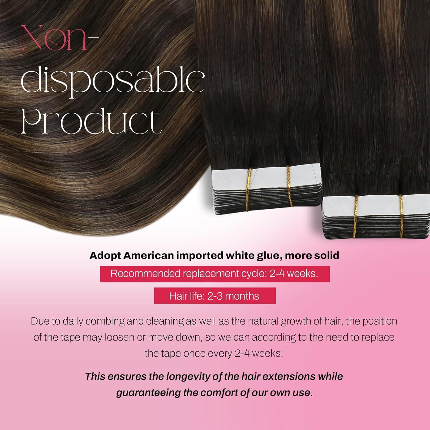 imageMoresoo Human Hair Tape in Extensions Balayage Darkest Brown Mix with Medium Brown with Weft Hair Extensions Human Hair Ombre Darkest Brown with Medium Brown 1824inch bundle