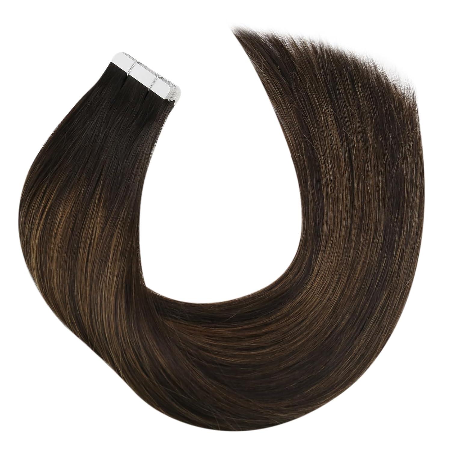imageMoresoo Human Hair Tape in Extensions Balayage Darkest Brown Mix with Medium Brown with Weft Hair Extensions Human Hair Ombre Darkest Brown with Medium Brown 1824inch bundle
