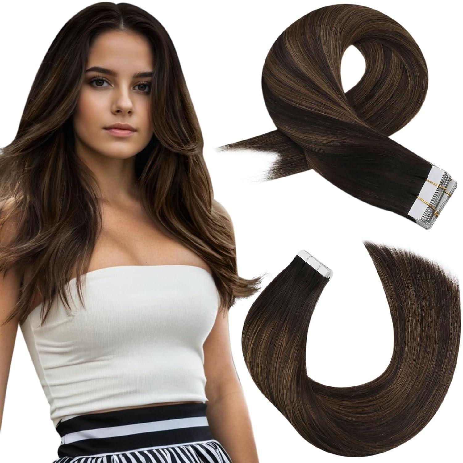 imageMoresoo Human Hair Tape in Extensions Balayage Darkest Brown Mix with Medium Brown with Weft Hair Extensions Human Hair Ombre Darkest Brown with Medium Brown 1824inch bundle