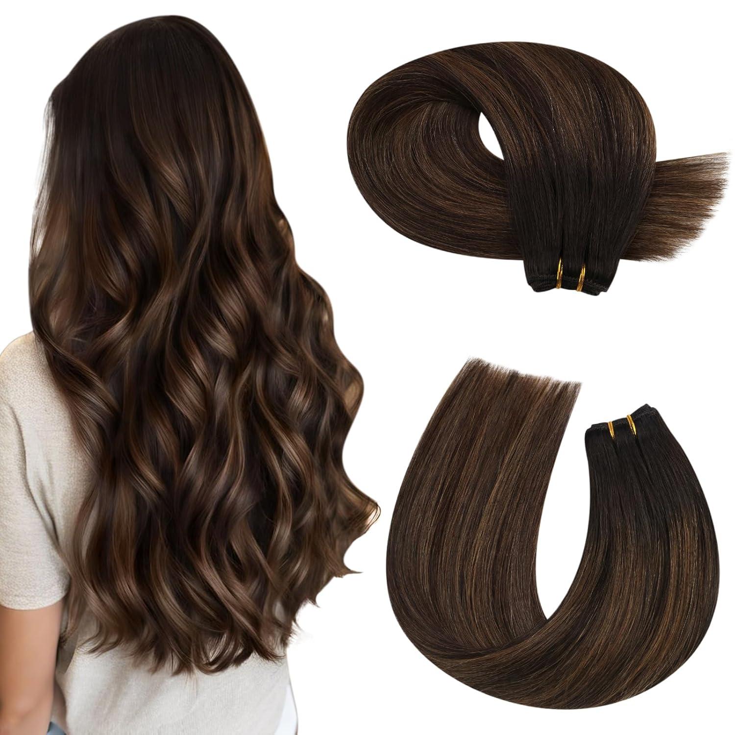 imageMoresoo Human Hair Tape in Extensions Balayage Darkest Brown Mix with Medium Brown with Weft Hair Extensions Human Hair Ombre Darkest Brown with Medium Brown 1824inch bundle