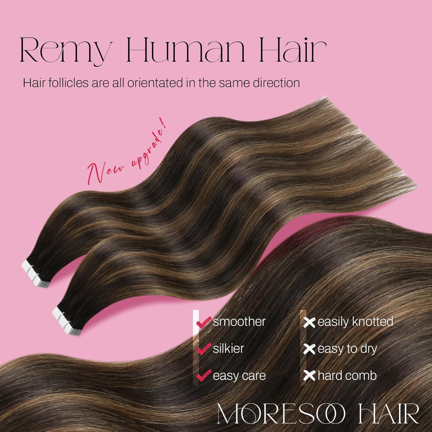 imageMoresoo Human Hair Tape in Extensions Balayage Darkest Brown Mix with Medium Brown with Weft Hair Extensions Human Hair Ombre Darkest Brown with Medium Brown 1824inch bundle