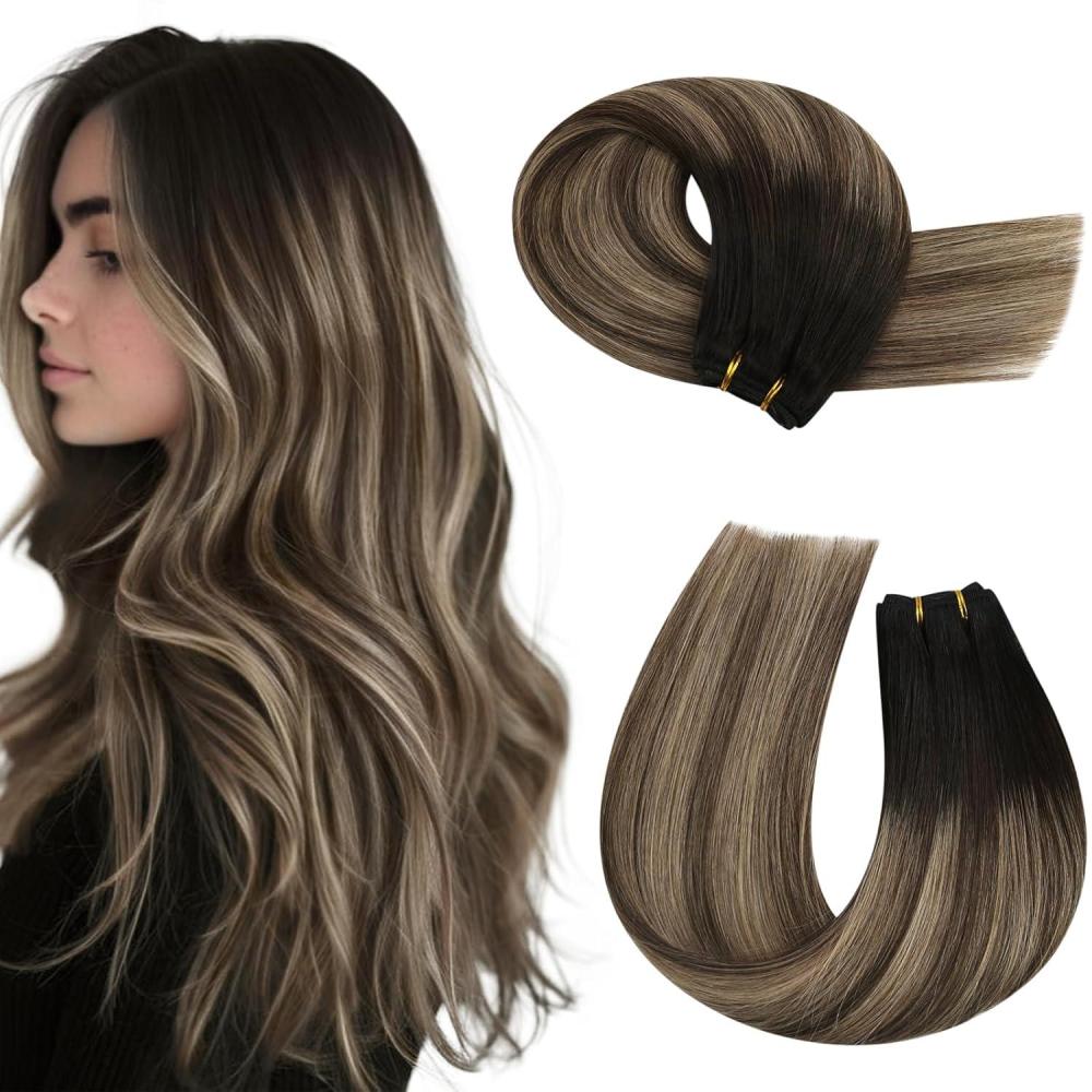 imageMoresoo I Tip Hair Extensions Human Hair Balayage and Weft Hair Extensions Human Hair Ombre Black to Brown with Caramel Blonde 14Inch Bundle