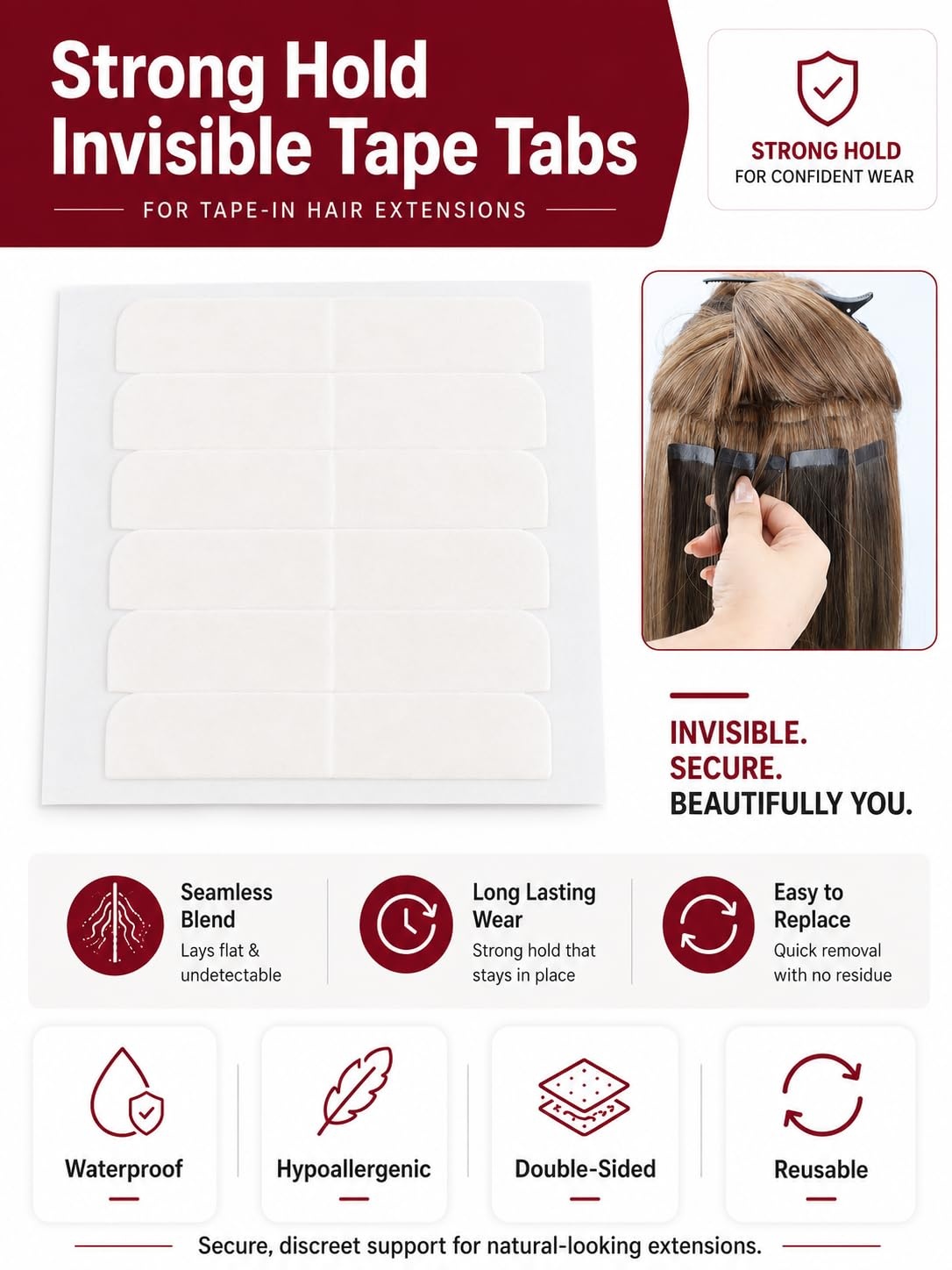 image:imageMoresoo Hair Extension Tape 3 Sheet 36Pieces4 cm x 08 cm Single Sided Adhesive Strips for Tape in Hair Extensions36pcs Double Sided Tape Tabs