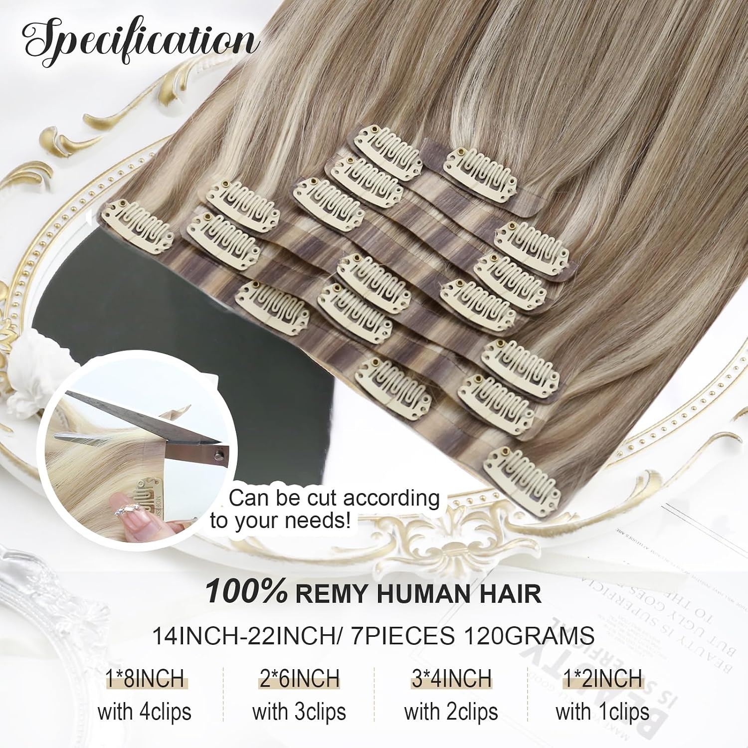 image:imageMoresoo Seamless Clip in Hair Extensions Human Hair Blonde Highlight with Light Brown Tape in Hair Extensions Human Hair Blonde 7pcs120g 14inch20pcs30g 12inch Bundle