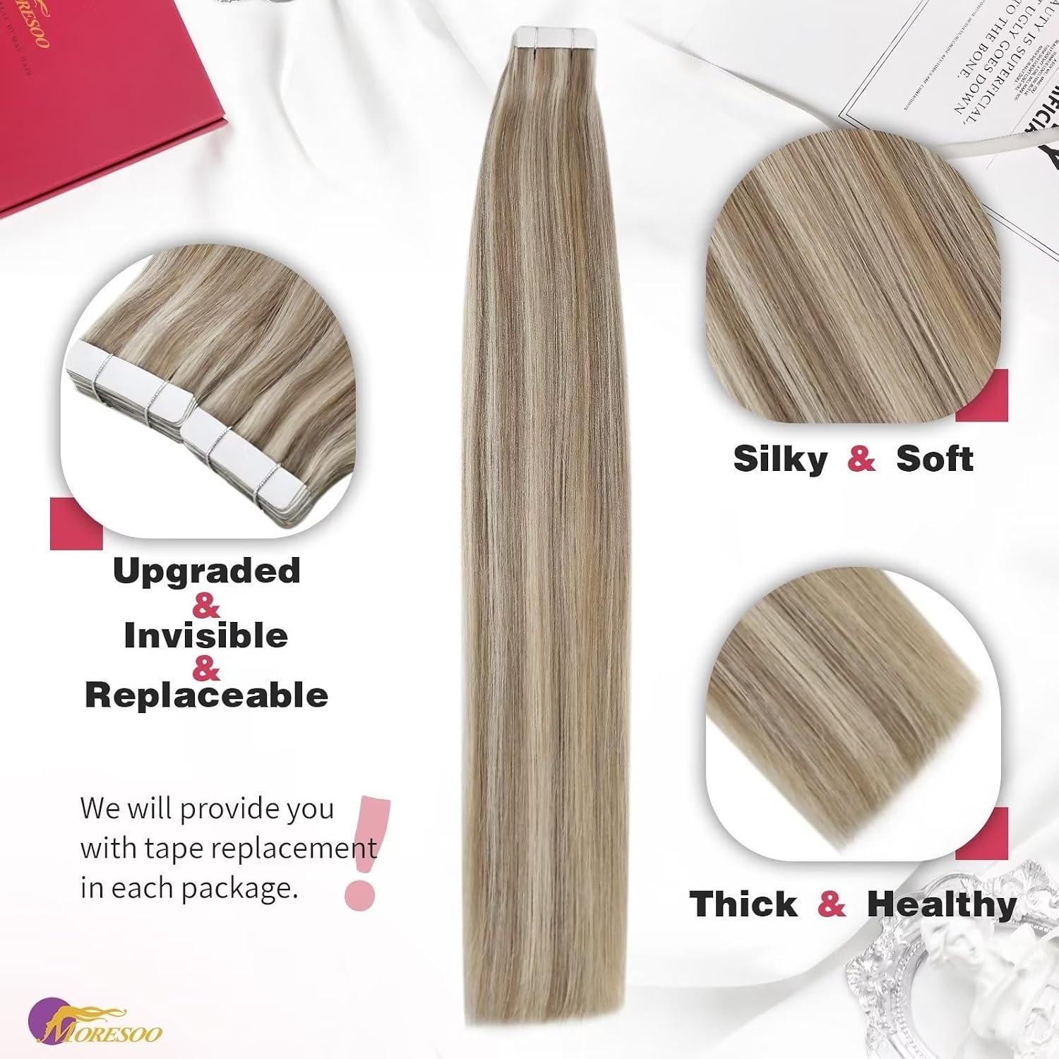 image:imageMoresoo Seamless Clip in Hair Extensions Human Hair Blonde Highlight with Light Brown Tape in Hair Extensions Human Hair Blonde 7pcs120g 14inch20pcs30g 12inch Bundle