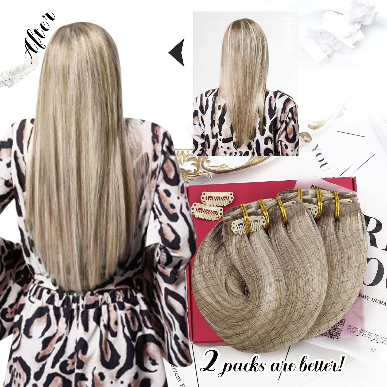 image:imageMoresoo Seamless Clip in Hair Extensions Human Hair Blonde Highlight with Light Brown Tape in Hair Extensions Human Hair Blonde 7pcs120g 14inch20pcs30g 12inch Bundle