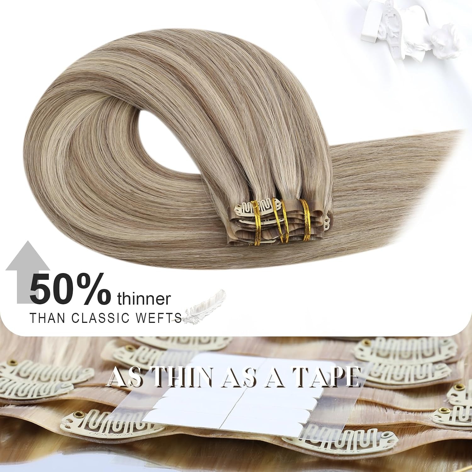 image:imageMoresoo Seamless Clip in Hair Extensions Human Hair Blonde Highlight with Light Brown Tape in Hair Extensions Human Hair Blonde 7pcs120g 14inch20pcs30g 12inch Bundle