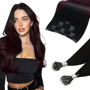 Moresoo Clip in Extensions Real Human Hair 120g/7pcs #1B/99J Balayage Natural Black to Dark Red with Nano Bead Hair Extensions 50g/50s #1 Jet Black 18 Inch Bundle