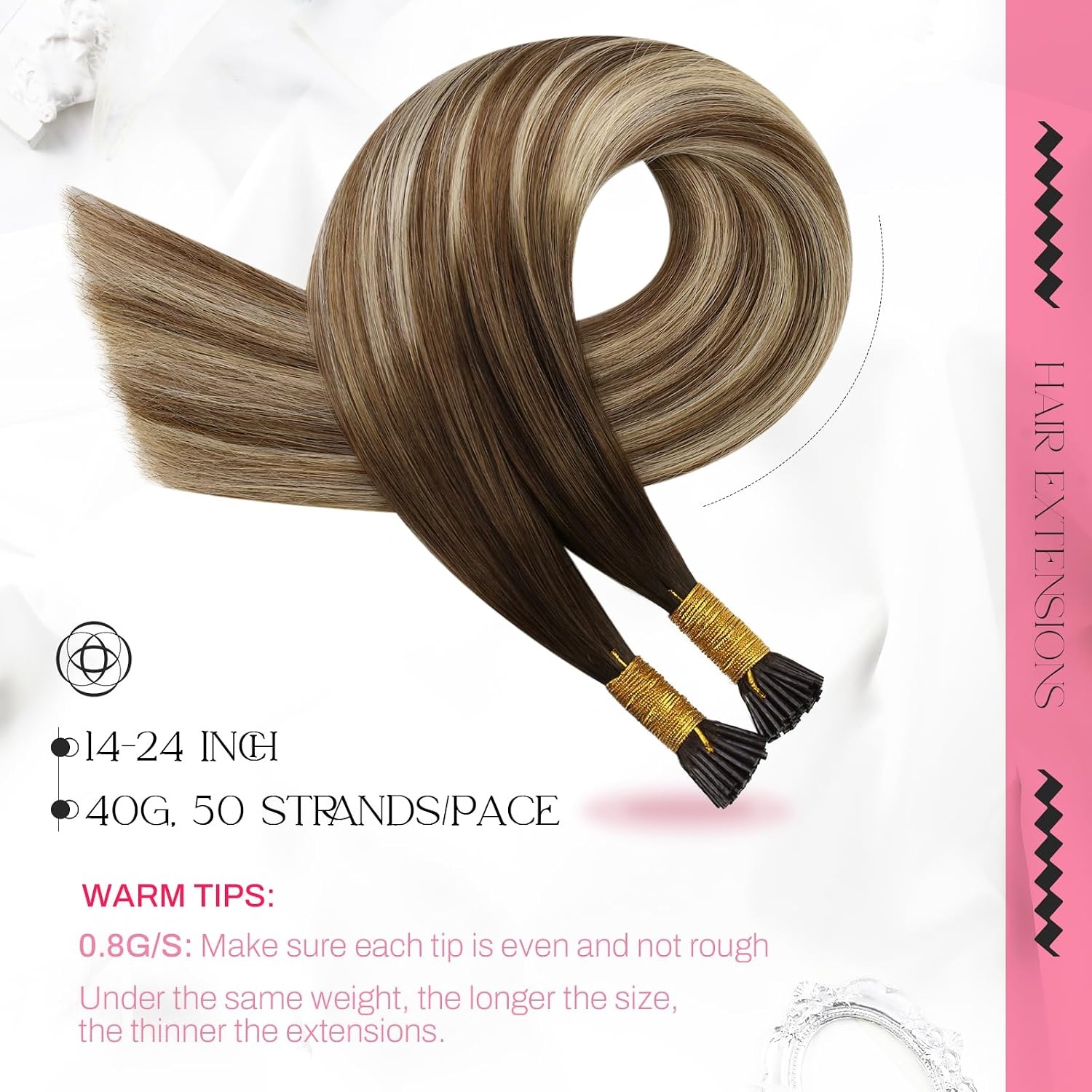 image:imageMoresoo I Tips Hair Extensions Human Hair Real Ombre Medium Brown to Light Bleach Blonde Glow 18 Inch 50 Strands 40G TangleFree Silicone Micro Ring Compatible Night Party