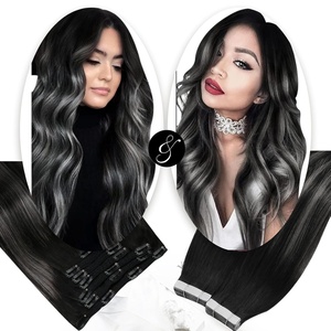 Moresoo Ombre Black Mixed Silver Tape in Hair Extensions and Clip in Hair Extensions Balayage Human Hair Extensions (20pcs/50g+5pcs/70g) Bundle