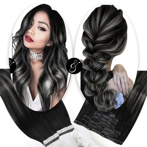 Moresoo Seamless Clip in Hair Extensions Human Hair Balayage Black to Silver Tape in Hair Extensions Human Hair Ombre Black to Silver Grey (7pcs/120g +20pcs/50g) 14inch Bundle